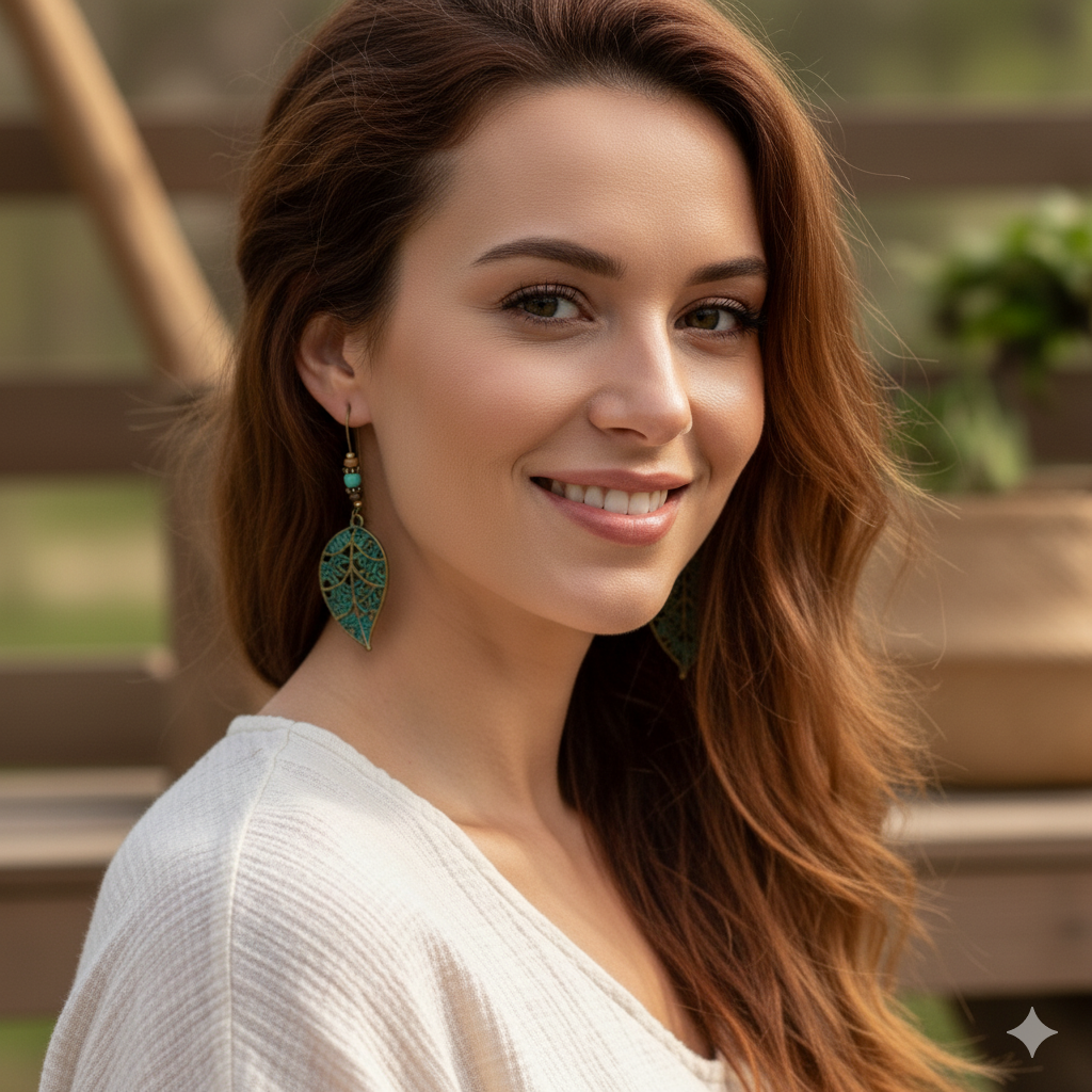 ARIA | Bronzefarbene Indie Boho Ohrringe Ohrhänger mit türkisen Patina Blättern