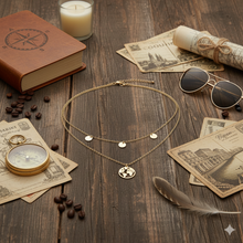 Laden Sie das Bild in den Galerie-Viewer, MARCO POLO | Schöne goldfarbene Halskette zweilagig mit kleinen Plättchen und Weltkugel
