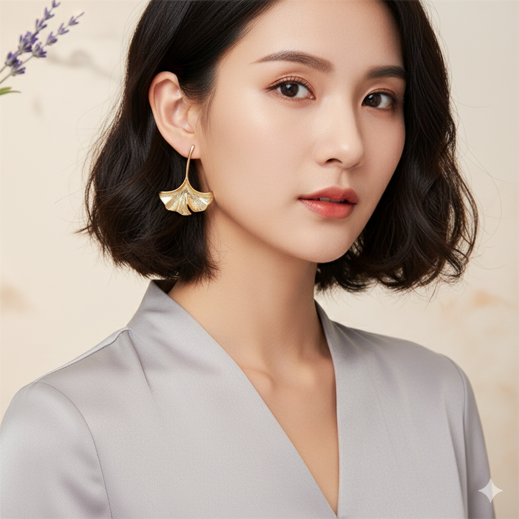 GINGKO | Schöne goldfarbene Hänger Ohrringe mit Gingko Blättern