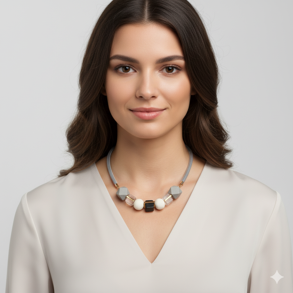 BLOMMA | Holz Halskette grau weiß gold