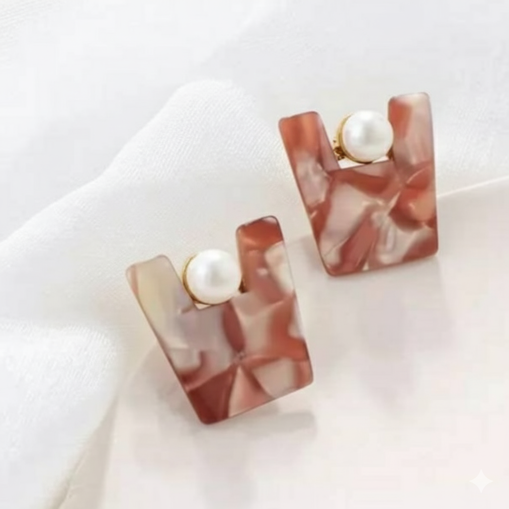 BRAYLEE | Trendy rosa graue Statement Retro 60s Acryl Resin Harz Ohrringe Ohrhänger Perlen beige rosa pink