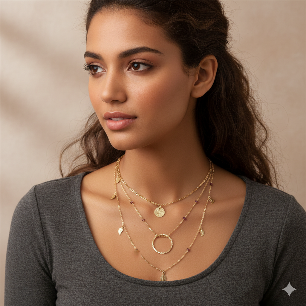 ARIANA | Mehrlagige goldene Halskette mit Blättern Münze und kleinen lila Kristall