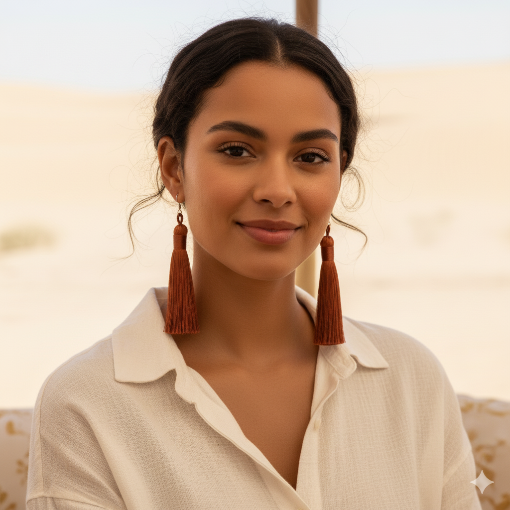 NAOMI | Lange Ohrringe mit 925 Sterling Silberhaken und Quasten aus echten Seidenfäden in braun