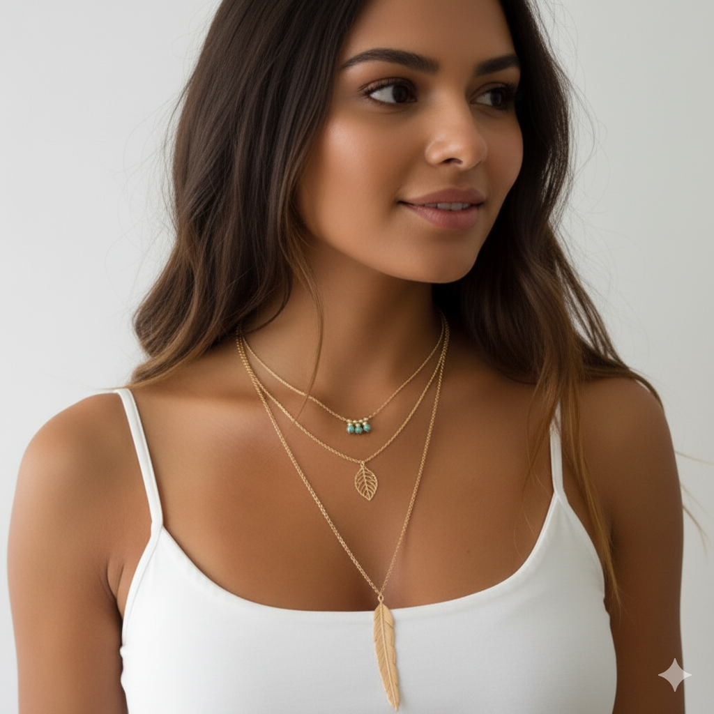 DIXIE | Goldfarbene Halskette mit Feder und Blatt Anhängern und süßen kleinen türkise Perlen