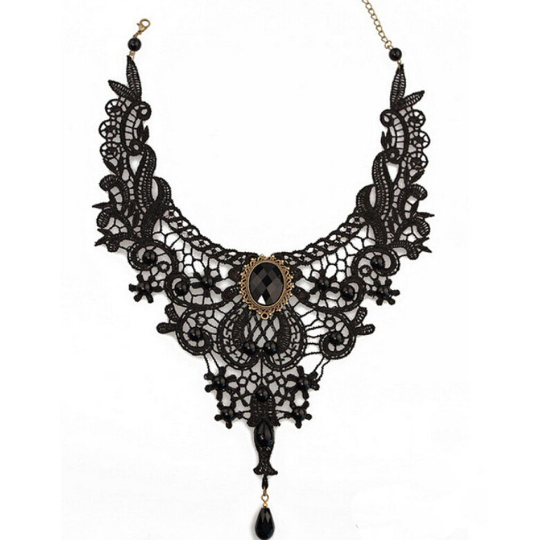 VIRGINIA | Süße Gothic Steampunk Metal Choker Halskette aus Spitze mit schwarzen Kristallen