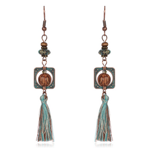 APONI | Bronze patina Inka Vintage Ohrringe Ohrhänger beige türkis braune Quasten