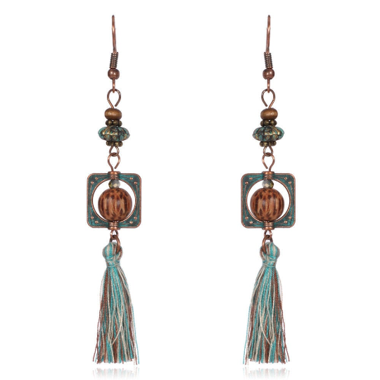 APONI | Bronze patina Inka Vintage Ohrringe Ohrhänger beige türkis braune Quasten