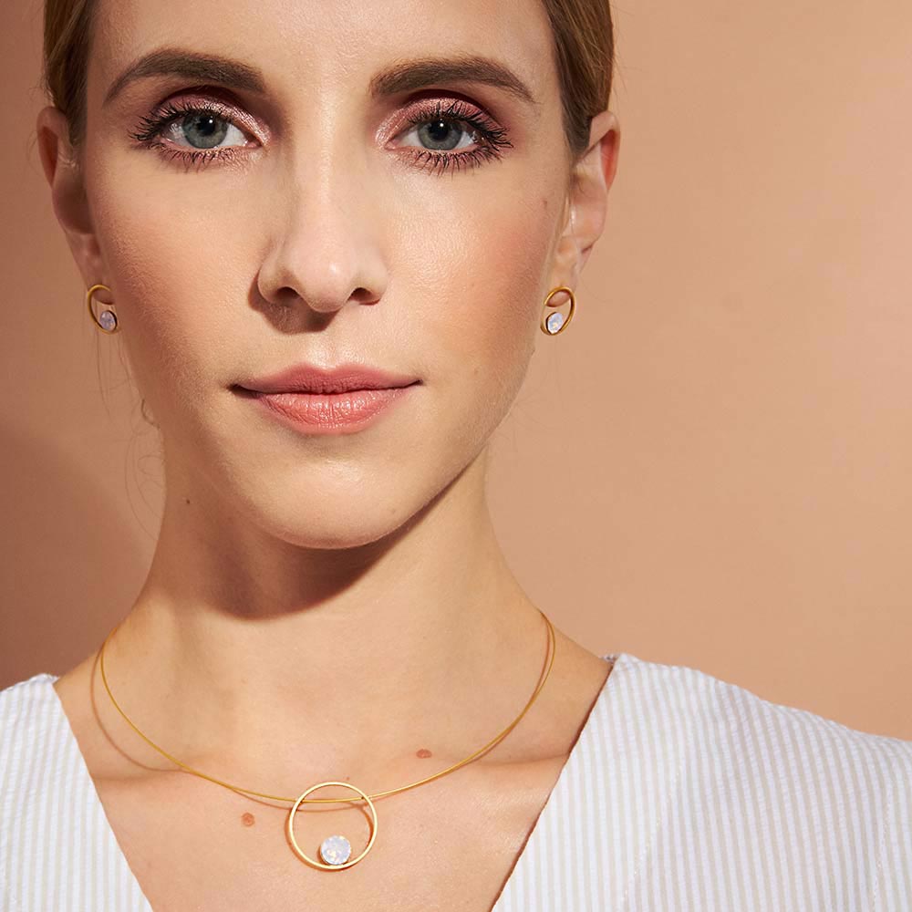 SERGIO ENGEL | PURA Kette 30 aus 925 Silber rhodiniert matt vergoldet mit Kreis rundem Anhänger und rosanem Rose Water Opal Edelstein